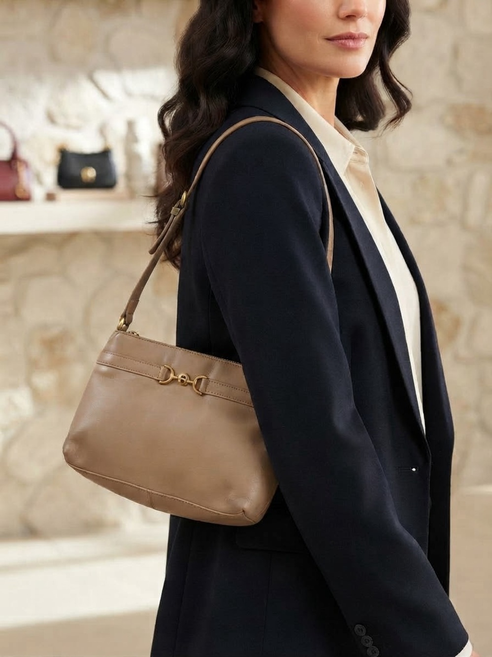 Etienne Aigner Spencer Collection Elegant Taupe Shoulder Bag with Gold Accent